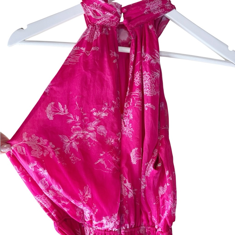Lulus Float to You Hot Pink Floral Print Halter-Neck Tiered Midi Dress S Wedding - Picture 8 of 10